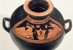 Podkrovní hydria s červenou postavou zobrazující scénu pití, cca 490 př. n. l. (keramika) od Nikoxenos Painter Nikoxenos Painter